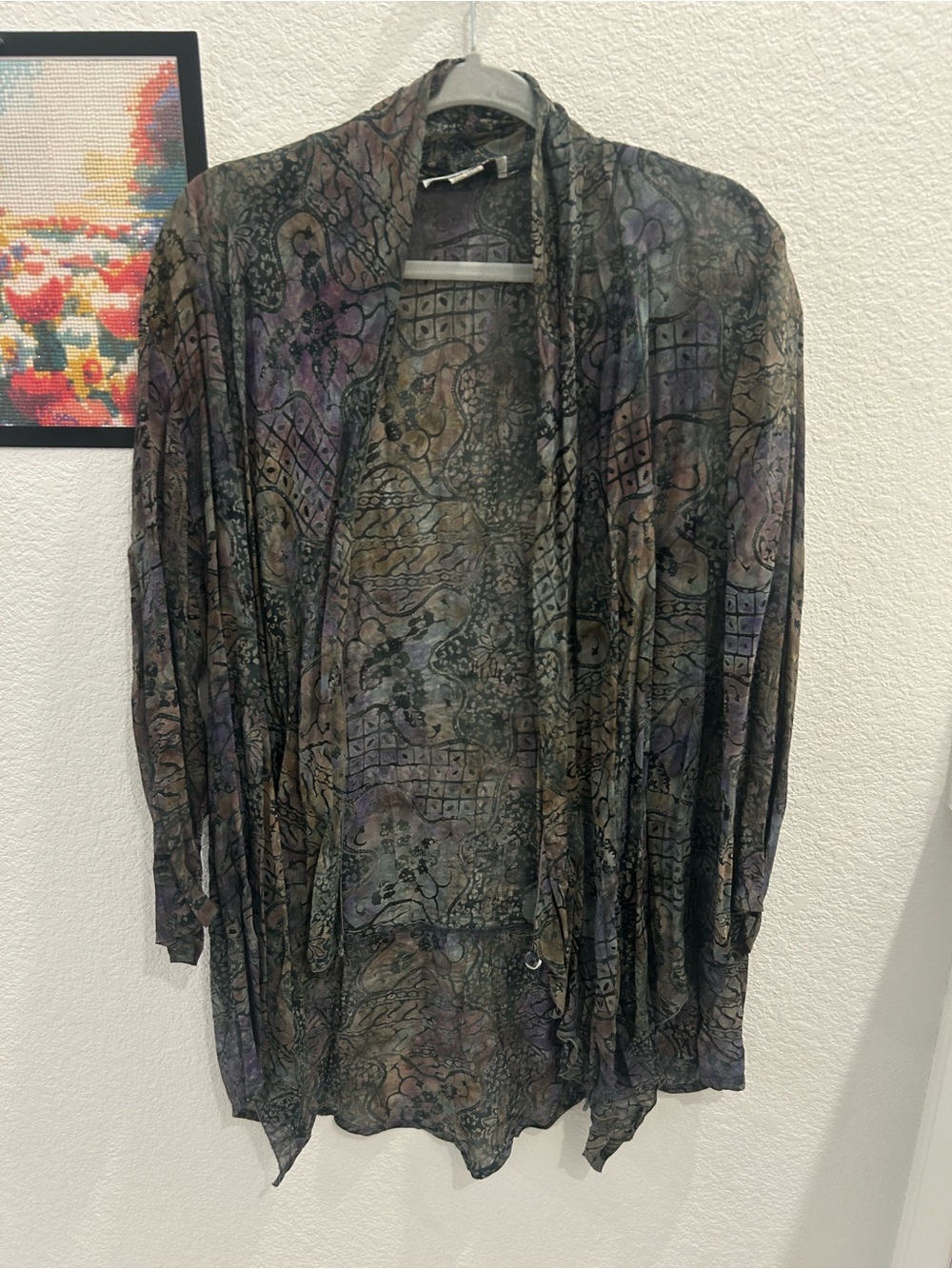 Sheer Open-Front Patterned Kimono Blazer - L